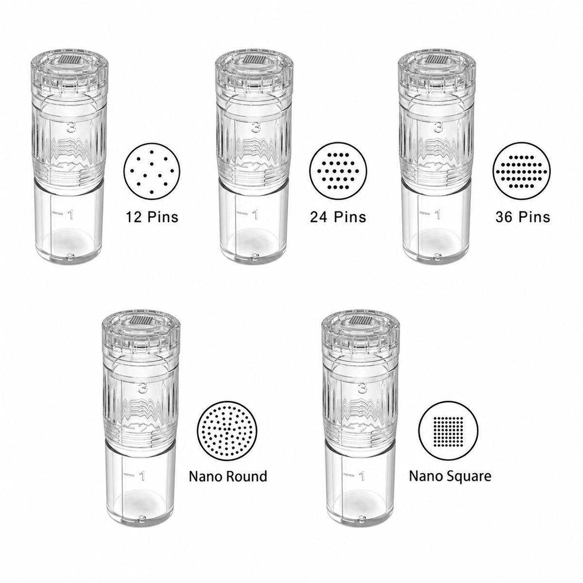 מגוון מחסניות Hydra Pen H3/H5: ‏12, 24 ו־36 מחטים, Nano Round ו־Nano Square